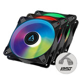 Arctic 12cm P12 Pressure Optimised PWM PST ARGB Case Fans (3 Pack), Fluid Dynamic, 12 LEDs, 0 - 2000 RPM, 0dB Mode, Black - FIXgenie